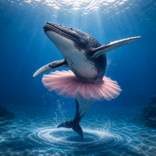 Una ballena gira en una pirueta de ballet sobre el mar — escena mnemotécnica de baleia