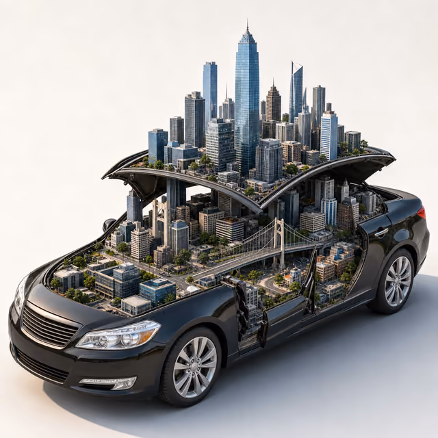 Skyscrapers grow out of a split-open sedan — the mnemonic scene for cidade