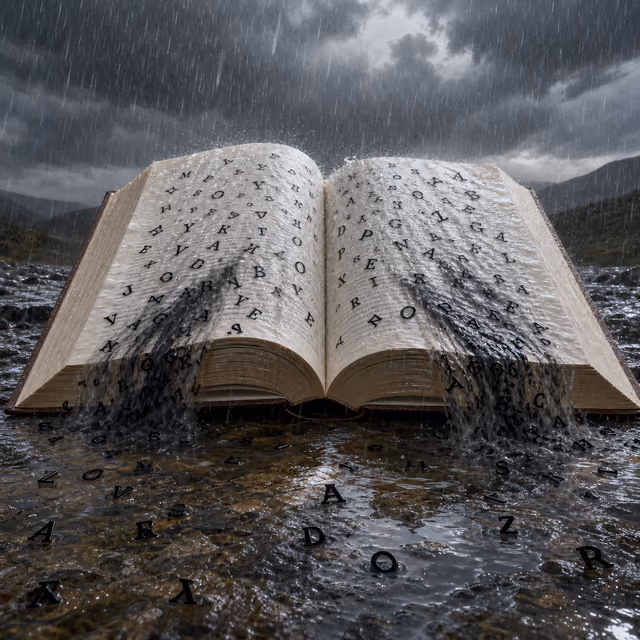 Ливень смывает буквы со страниц раскрытой книги — мнемоническая сцена к слову livro